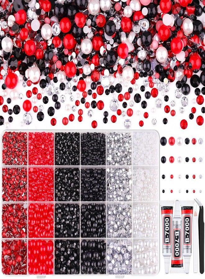 TINKRSTUFF 9000PCS Flatback Pearls and Rhinestones for Bedazzling Kit, Red White Black 3-10mm Resin Rhinestones and Half Pearls for Crafting, Nail Art Crafts Dec with 3pcs B7000 Jewelry Glue - Image 1